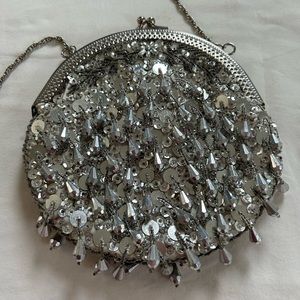 Silver Metallic Beaded Evening Bag with Strap